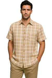 Mens Textured Plaid Walking Suit in tan/cream  by Dreams by Zacchi – 2 Piece Leisure Outfit with  matching shirt and pant -$99