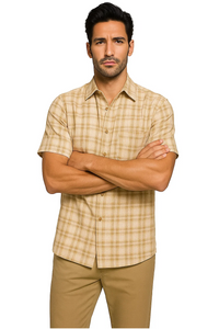 Mens Textured Plaid Walking Suit in tan/cream  by Dreams by Zacchi – 2 Piece Leisure Outfit with  matching shirt and pant -$99