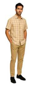 Mens Textured Plaid Walking Suit in tan/cream  by Dreams by Zacchi – 2 Piece Leisure Outfit with  matching shirt and pant -$99