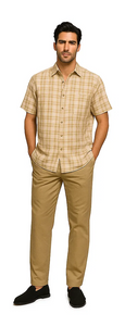 Mens Textured Plaid Walking Suit in tan/cream  by Dreams by Zacchi – 2 Piece Leisure Outfit with  matching shirt and pant -$99