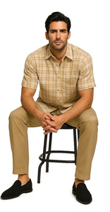 Mens Textured Plaid Walking Suit in tan/cream  by Dreams by Zacchi – 2 Piece Leisure Outfit with  matching shirt and pant -$99