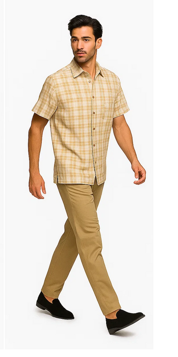 Mens Textured Plaid Walking Suit in tan/cream  by Dreams by Zacchi – 2 Piece Leisure Outfit with  matching shirt and pant -$99