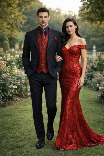 Mens Three Piece Suits - Vested Suit Mens Black/Red Jacket With Bold Vest with matching Tie and Hankie