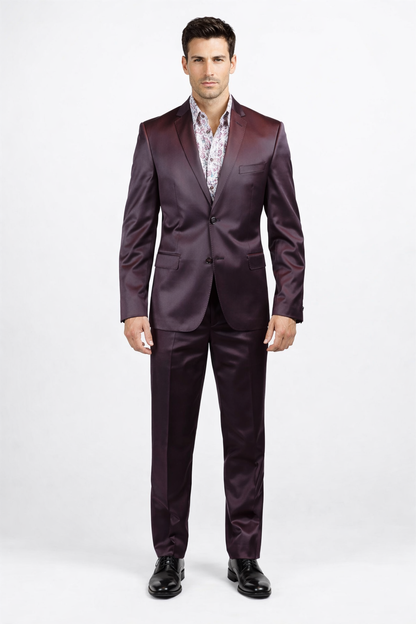 Men's Three Piece Shiny Burgundy ~ Maroon Suit Slim Fit Suit Men's Sharkskin Suit