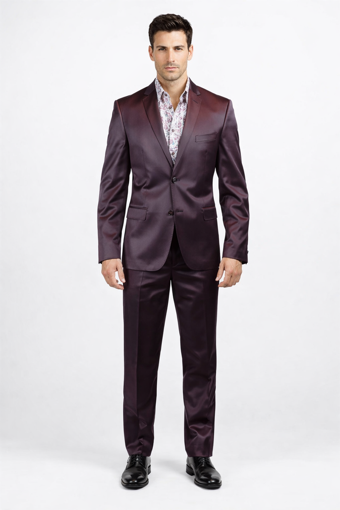 Men's Three Piece Shiny Burgundy ~ Maroon Suit Slim Fit Suit Men's Sharkskin Suit