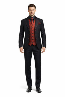Mens Three Piece Suits - Vested Suit Mens Black/Red Jacket With Bold Vest with matching Tie and Hankie