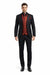Mens Three Piece Suits - Vested Suit Mens Black/Red Jacket With Bold Vest with matching Tie and Hankie