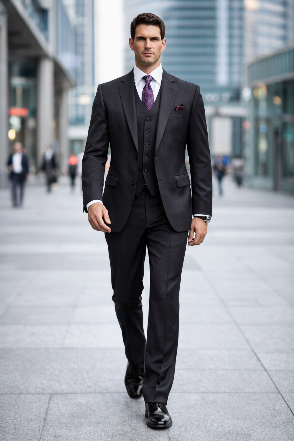 Mens Three Piece Suit - Vested Suit 2 Button Solid Color Heather Charcoal Men'S Suit