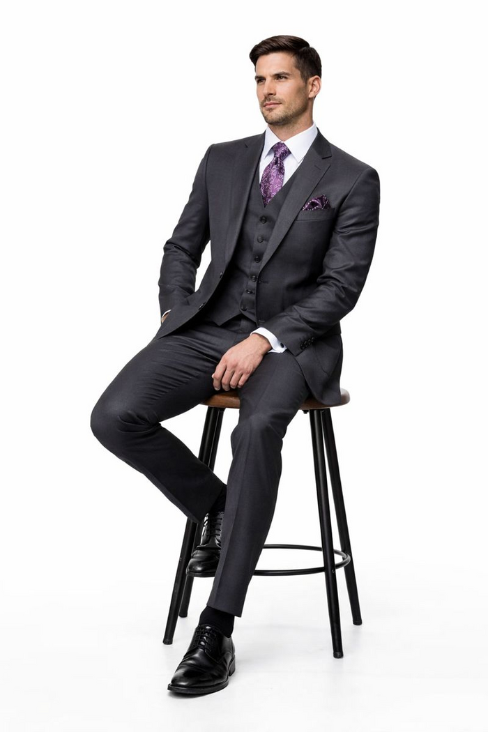 Mens Three Piece Suit - Vested Suit 2 Button Solid Color Heather Charcoal Men'S Suit