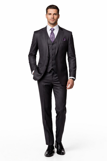 Mens Three Piece Suit - Vested Suit 2 Button Solid Color Heather Charcoal Men'S Suit