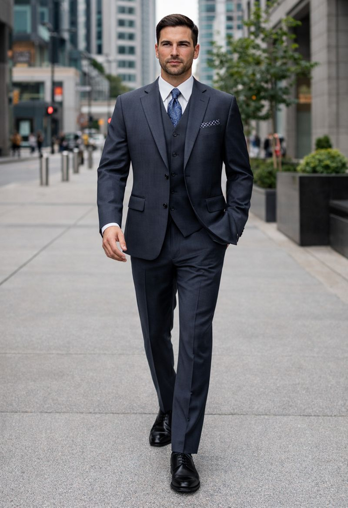 Mens Three Piece Suit - Vested Suit Classic Vested 3 Piece 2 Button Dark Navy Mini Pinstripe Men's Suit Flat Front Pants