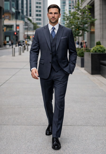 Mens Three Piece Suit - Vested Suit Classic Vested 3 Piece 2 Button Dark Navy Mini Pinstripe Men's Suit Flat Front Pants