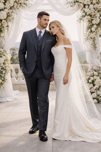 Mens Three Piece Suit - Vested Suit Classic Vested 3 Piece 2 Button Dark Navy Mini Pinstripe Men's Suit Flat Front Pants