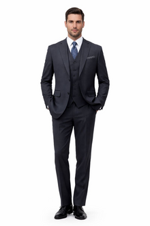 Mens Three Piece Suit - Vested Suit Classic Vested 3 Piece 2 Button Dark Navy Mini Pinstripe Men's Suit Flat Front Pants