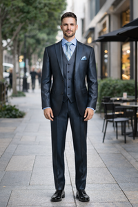 Mens Three Piece Suit - Vested Suit Mens Shiny Shark 2 Side Vented Vested 3 Piece Blue Suit