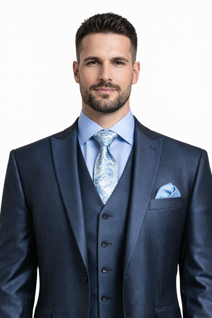 Mens Three Piece Suit - Vested Suit Mens Shiny Shark 2 Side Vented Vested 3 Piece Blue Suit
