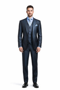 Mens Three Piece Suit - Vested Suit Mens Shiny Shark 2 Side Vented Vested 3 Piece Blue Suit