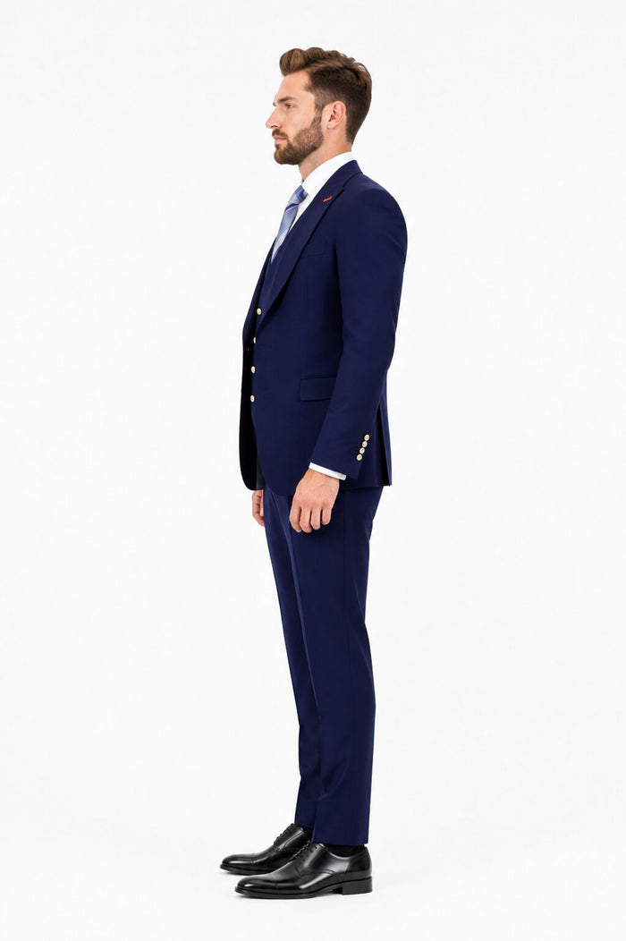 Men's Navy Statement Ticket Pocket Peak Lapel Wool Double Breasted Vest Suit with Silver Buttons – Modern Fit