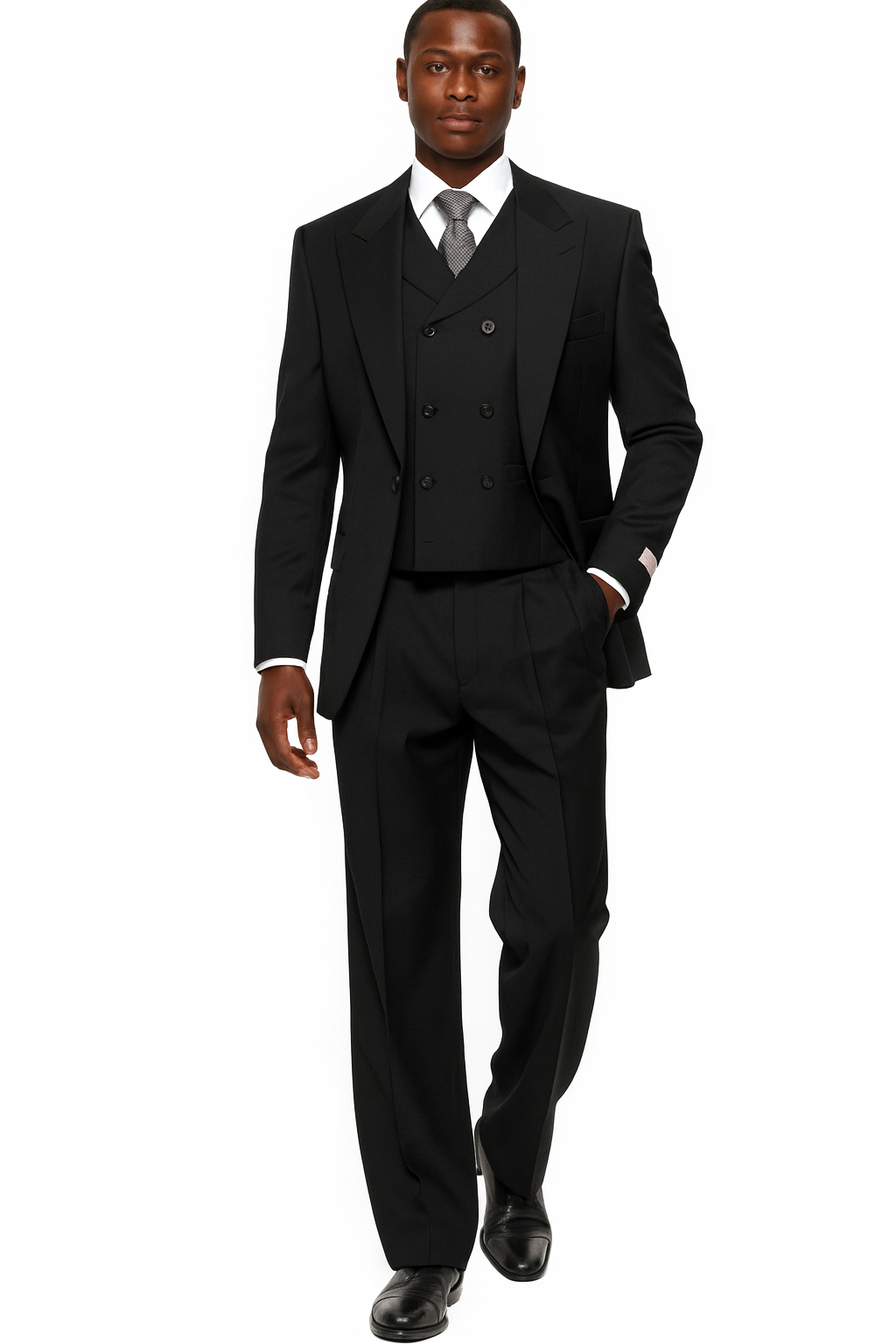 Mens Tiglio Rosso Suit - Wide Leg Baggy Pants - 100% Wool Black Three-Piece Classic Fit Suit with Double-Breasted Vest and Peak Lapel