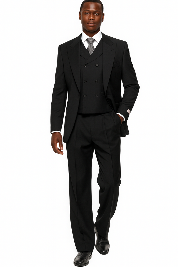 Mens Tiglio Rosso Suit - Wide Leg Baggy Pants - 100% Wool Black Three-Piece Classic Fit Suit with Double-Breasted Vest and Peak Lapel