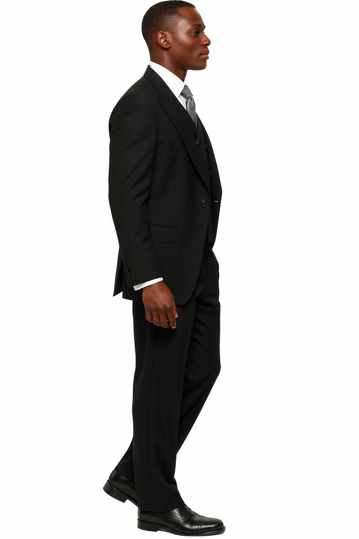 Mens Tiglio Rosso Suit - Wide Leg Baggy Pants - 100% Wool Black Three-Piece Classic Fit Suit with Double-Breasted Vest and Peak Lapel