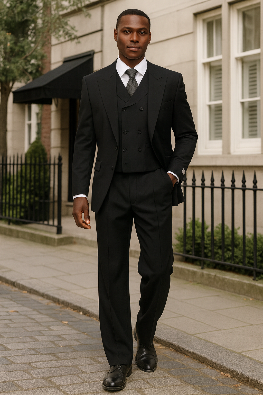 Mens Tiglio Rosso Suit - Wide Leg Baggy Pants - 100% Wool Black Three-Piece Classic Fit Suit with Double-Breasted Vest and Peak Lapel