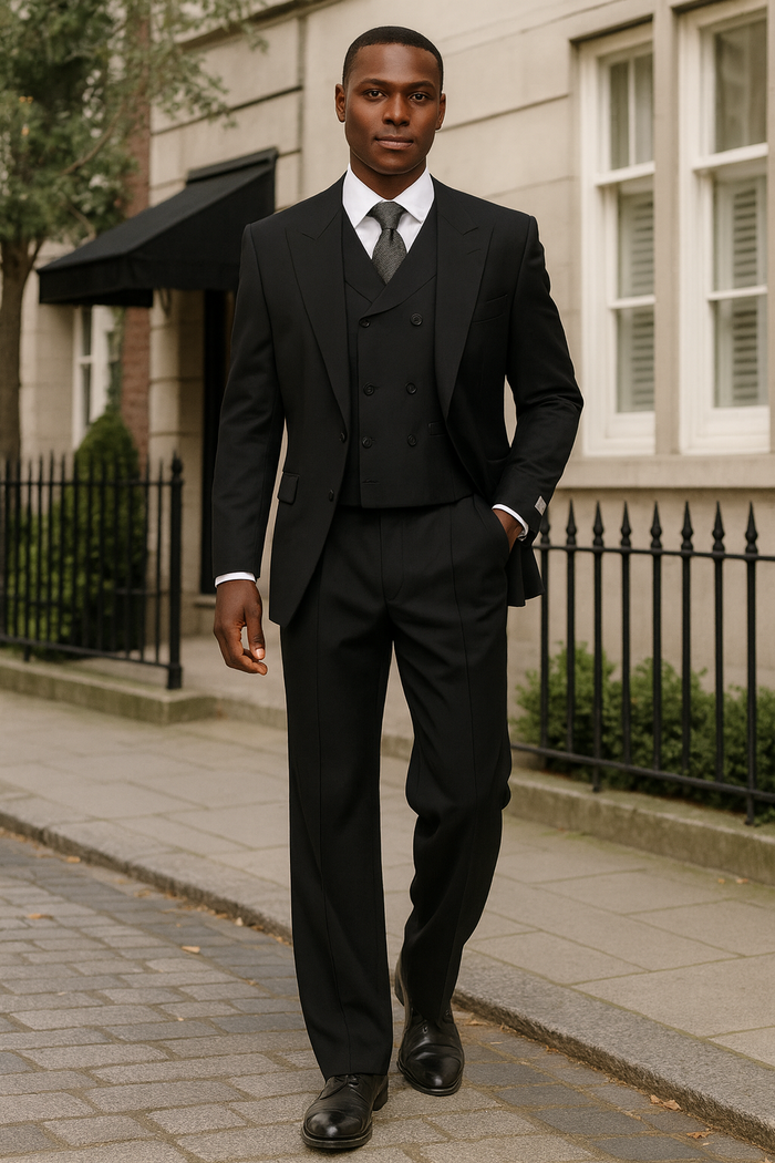 Mens Tiglio Rosso Suit - Wide Leg Baggy Pants - 100% Wool Black Three-Piece Classic Fit Suit with Double-Breasted Vest and Peak Lapel