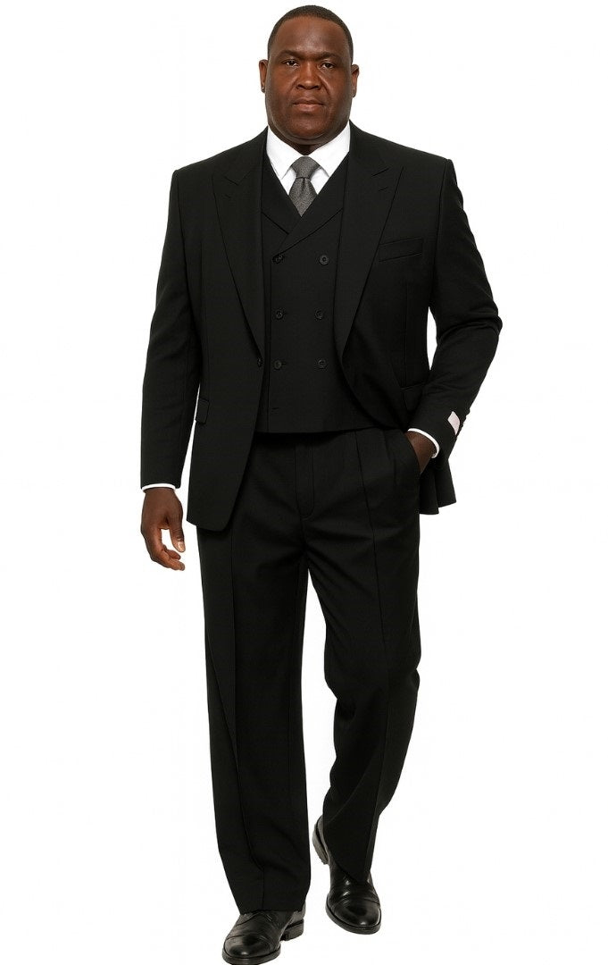 Mens Tiglio Rosso Suit - Wide Leg Baggy Pants - 100% Wool Black Three-Piece Classic Fit Suit with Double-Breasted Vest and Peak Lapel