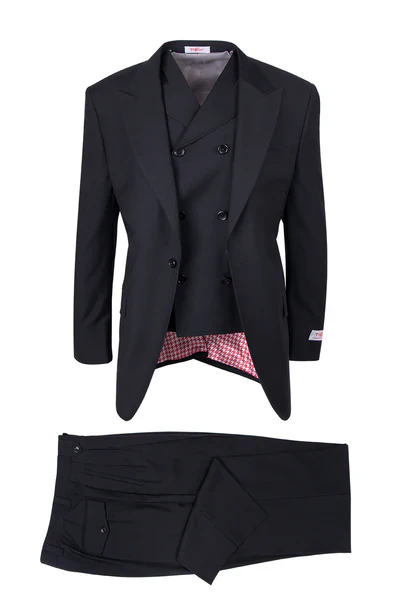Mens Tiglio Rosso Suit - Wide Leg Baggy Pants - 100% Wool Black Three-Piece Classic Fit Suit with Double-Breasted Vest and Peak Lapel
