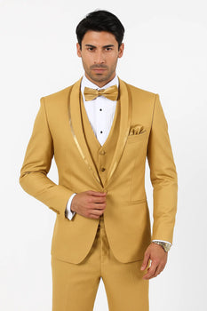 Mens Formal Champagne Tuxedo – Satin Shawl Collar Vested Suit for Prom and Weddings in Gold Color - Image 4