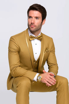 Mens Formal Champagne Tuxedo – Satin Shawl Collar Vested Suit for Prom and Weddings in Gold Color - Image 8