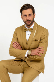 Mens Formal Champagne Tuxedo – Satin Shawl Collar Vested Suit for Prom and Weddings in Gold Color - Image 7