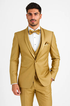 Mens Formal Champagne Tuxedo – Satin Shawl Collar Vested Suit for Prom and Weddings in Gold Color - Image 3