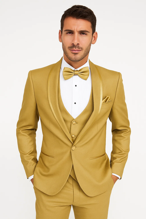 Men’s Champagne Tuxedo – Vested Satin Trim Shawl Lapel Suit for Wedding & Prom