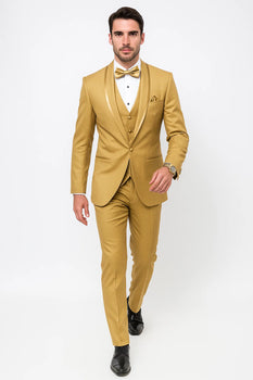 Mens Formal Champagne Tuxedo – Satin Shawl Collar Vested Suit for Prom and Weddings in Gold Color - Image 6