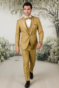 Mens Formal Champagne Tuxedo – Satin Shawl Collar Vested Suit for Prom and Weddings in Gold Color - Image 5