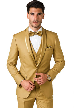 Mens Formal Champagne Tuxedo – Satin Shawl Collar Vested Suit for Prom and Weddings in Gold Color - Image 2