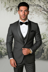 Men's Charcoal Shawl Lapel Tuxedo with Satin Trim – Vested Wedding Suit