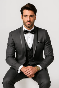 Men's Charcoal Shawl Lapel Tuxedo with Satin Trim – Vested Wedding Suit
