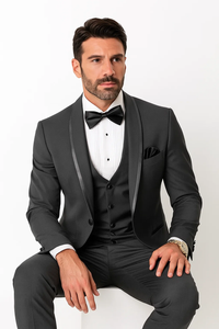 Men's Charcoal Shawl Lapel Tuxedo with Satin Trim – Vested Wedding Suit