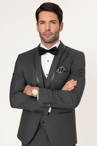 Men's Charcoal Shawl Lapel Tuxedo with Satin Trim – Vested Wedding Suit