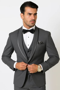 Men's Charcoal Shawl Lapel Tuxedo with Satin Trim – Vested Wedding Suit
