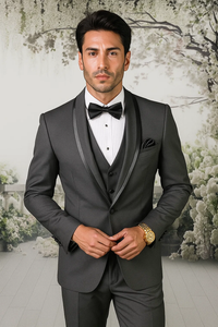 Men's Charcoal Shawl Lapel Tuxedo with Satin Trim – Vested Wedding Suit