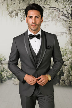 Men's Charcoal Shawl Lapel Tuxedo with Satin Trim – Vested Wedding Suit