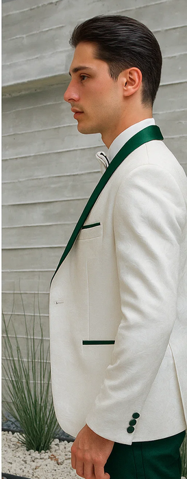 Men’s White Paisley & Hunter Green Tuxedo – Designer Vested Wool Suit for Wedding & Prom