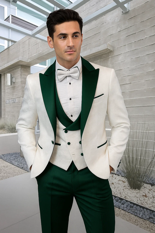 Men’s White Paisley & Hunter Green Tuxedo – Designer Vested Wool Suit for Wedding & Prom