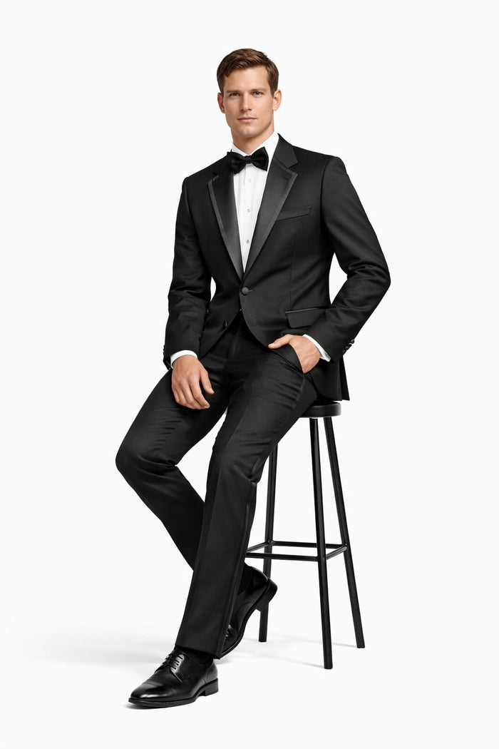 2 Button Solid Black Tuxedo With Black Trim No Pleated Pants Wool Suit - Image 5
