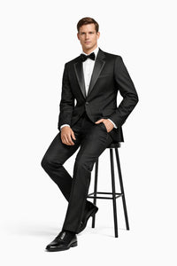 2 Button Solid Black Tuxedo With Black Trim No Pleated Pants Wool Suit