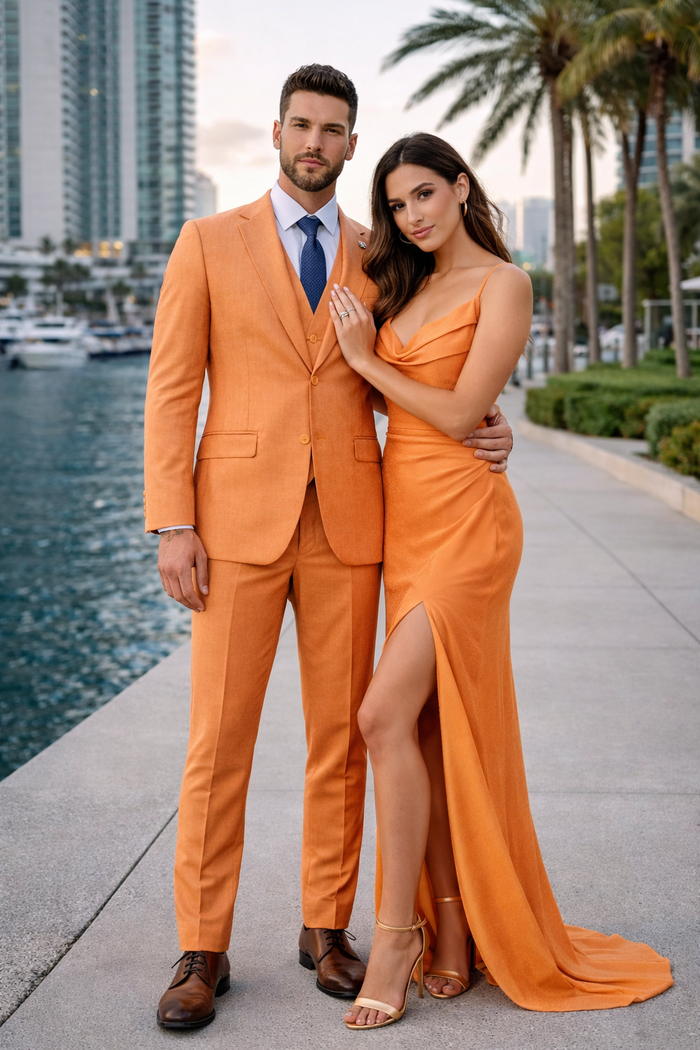 Mens Two Button Notch Lapel Fancy Vested Suit in Orange