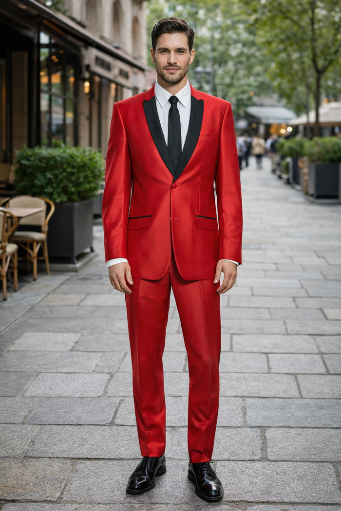 Men's Two Button Shawl Trim Lapel Slim Fit  - Red Tuxedo - Image 7